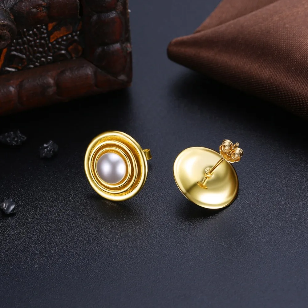 Новый элегантный жемчуг круглый серьги гвоздики Настоящее серебро 925 г. Серьги стерлинговые желтое золото для женщин обручение вечерние