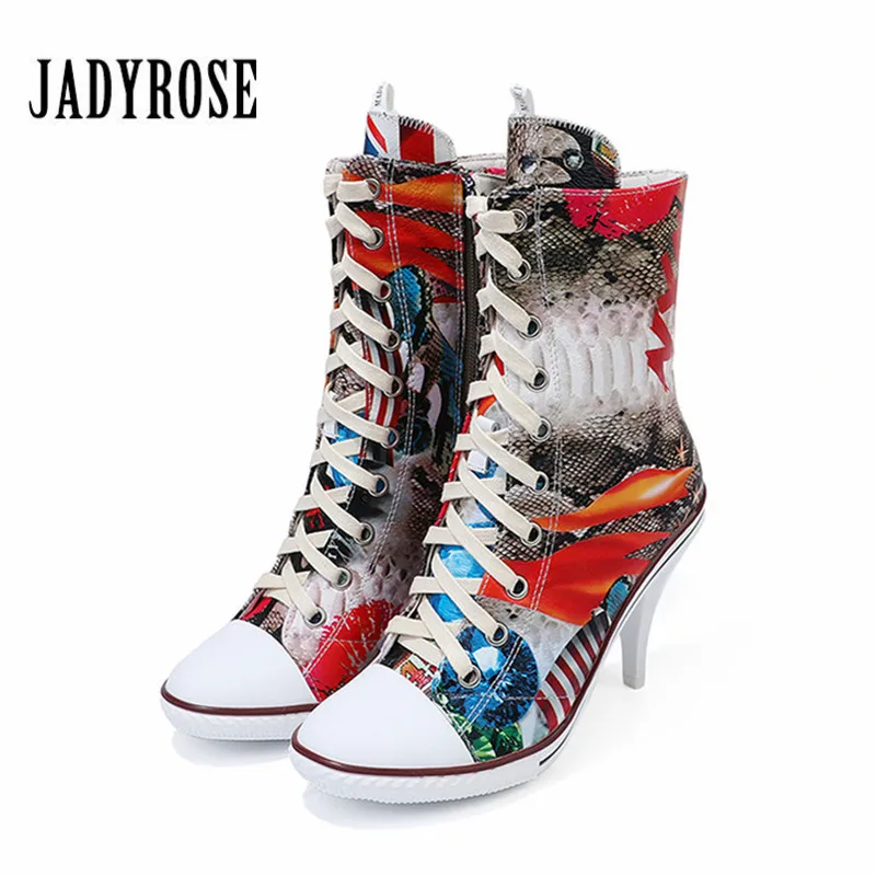

Jady Rose Colorful Print Women High Heel Boots Genuine Leather Lace Up Botas Mujer Women Pumps Platform Shoes Woman Ankle Boot