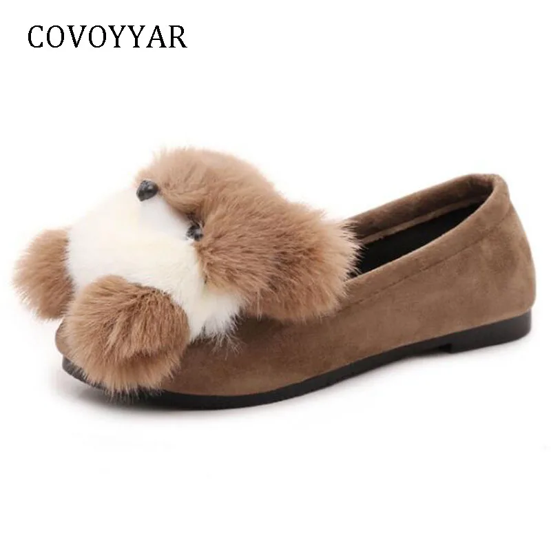 

COVOYYAR 2019 New Fluffy Fur Women Flats Autumn Winter Lovely Bear Lady Loafers Flock Women Shoes Slip On Size 40 WFS1028