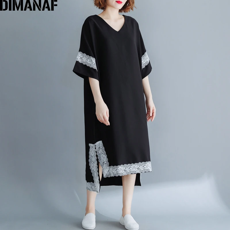 DIMANAF Plus Size Women Dress Vintage Big Size Lady Vestido Elegant Spliced Lace Summer Sundress Loose Female Clothes Black