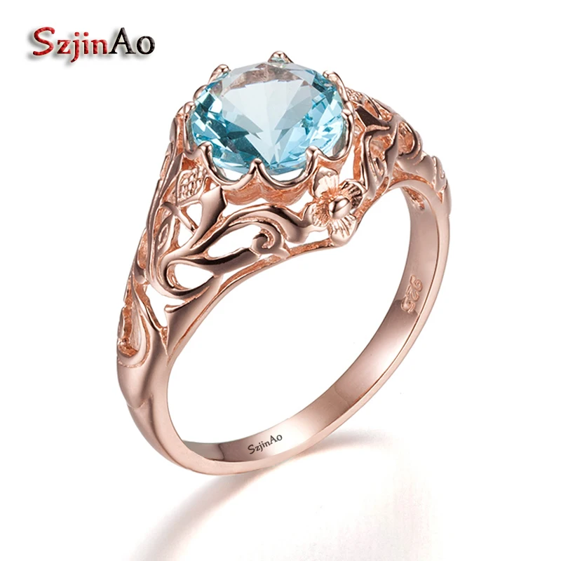 Szjnao пользовательский серебро 925 пробы, цвет розовое золото кольца цветок ювелирные изделия западный Романтический для женщин Природный Аквамарин кольцо выдалбливают