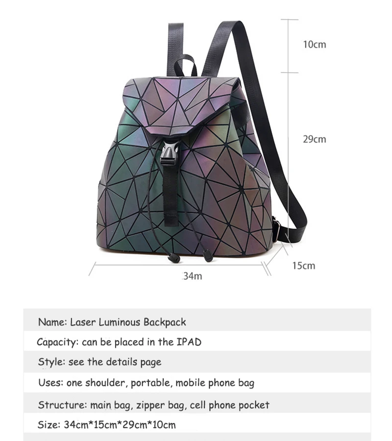 Women Laser Luminous Backpack School Hologram Geometric Fold Student School Bags For Teenage Girls holographic sac a dos (5)
