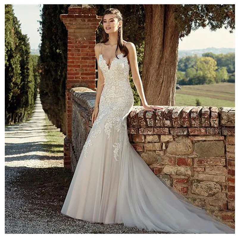 spaghetti strap trumpet wedding dress