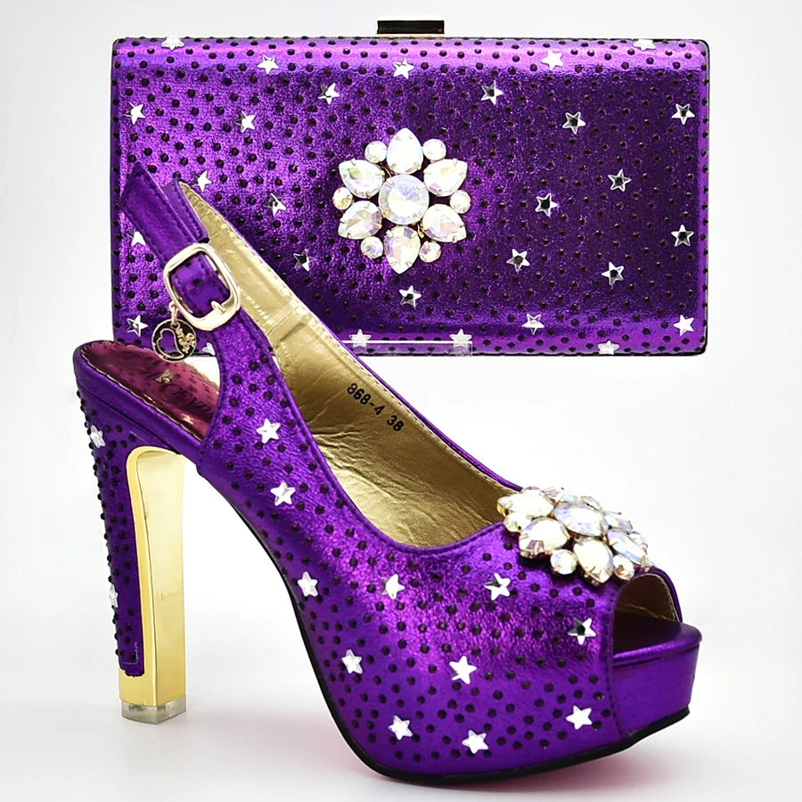 

Fashion High Quality PU Leather With Stone Ladies Shoes And Bag Set Italian Elegant Pumps Shoes And Bag Purple For Wedding Party