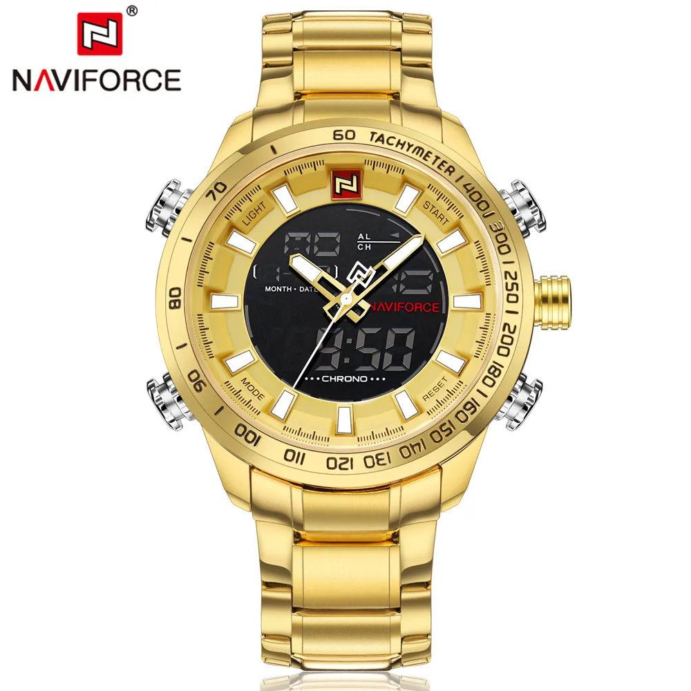 NAVIFORCE 9093 роскошные мужские спортивные часы Chrono, брендовые военные водонепроницаемые электронные наручные часы с подсветкой, мужские часы с секундомером - Цвет: golden