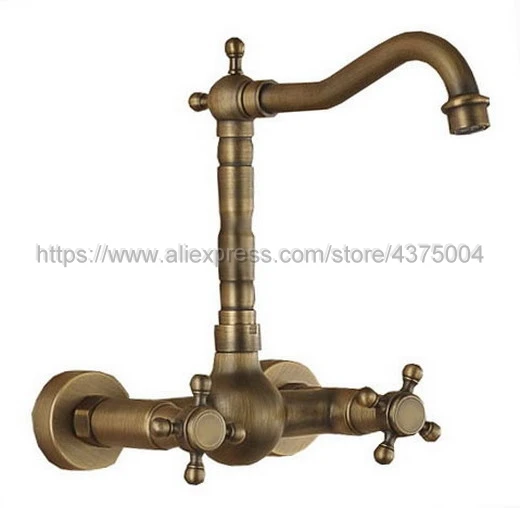 Antique Brass Wall Mounted Bathroom Sink Faucet Swivel Spout Bathtub Mixer Dual Cross Handles Nnf052