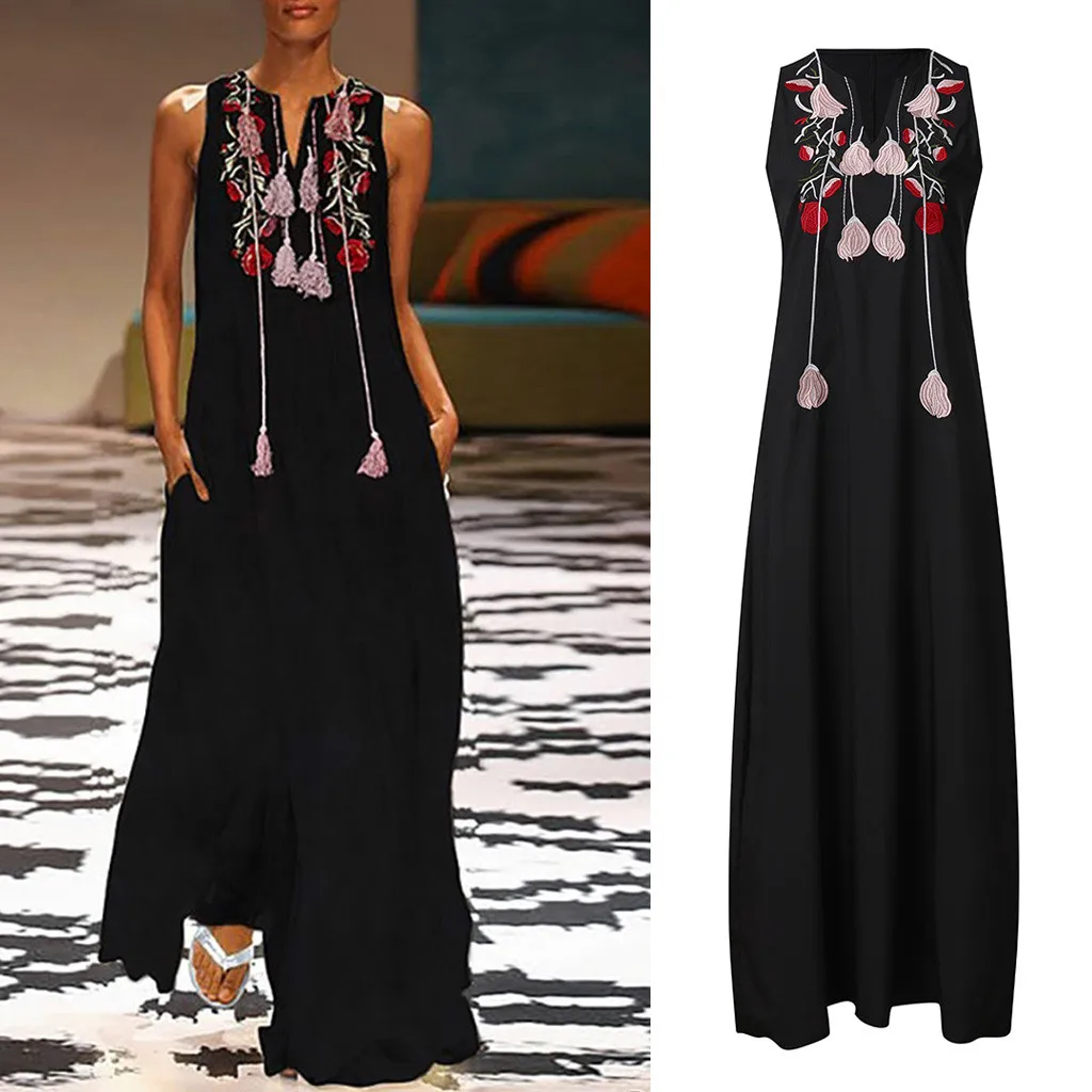 Женское винтажное летнее платье на каждый день без рукавов из смешанного хлопка с цветочной вышивкой vestidos de festa de mulher noite preto#4
