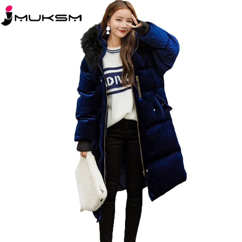 

2018 Plus Size Gold Velvet Warm Winter Jacket Women Fur Collar Hooded Mid-length parkas Coat Female Thick winter outerwear J385