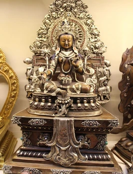 

23" Tibet Buddhist Bronze Silver Coral Green Tara GuanYin Goddess Buddha Statue