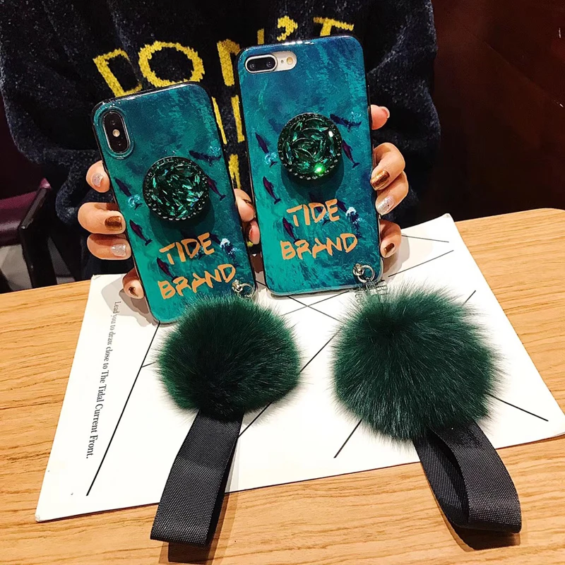 

Green Emerald Silicone Cover Case for iphone XS Max X Xr 6 6s 7 plus 8plus Casing Diamond Bracket Fur Strap Soft Cover