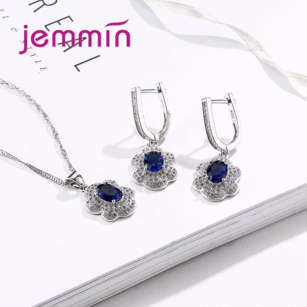 Jemmin 925 Sterling Silver Jewelry Blue Oval Sapphire White CZ Jewelry Sets For Women Wedding Earrings/Pendant/Necklace Set - Image 5