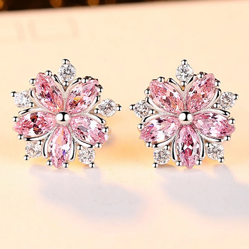 

Pinky CZ Stone Romantic Flower Shape Convenient Simple Stud Earrings Copper Cubic Zirconia Women Party Wedding Jewelry
