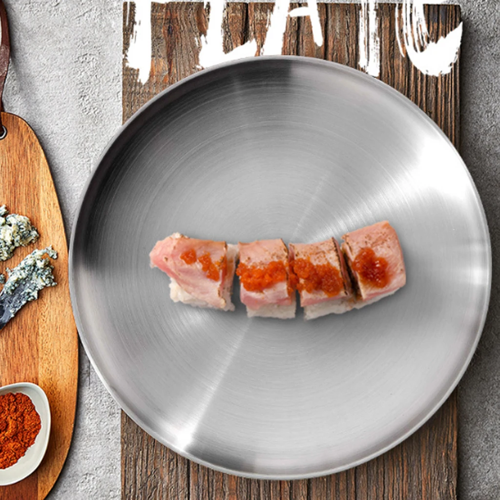 Stainless Steel Flat Dish plate Double Insulated Thick Platter for BBQ No Corners Durable Drop-Resistant