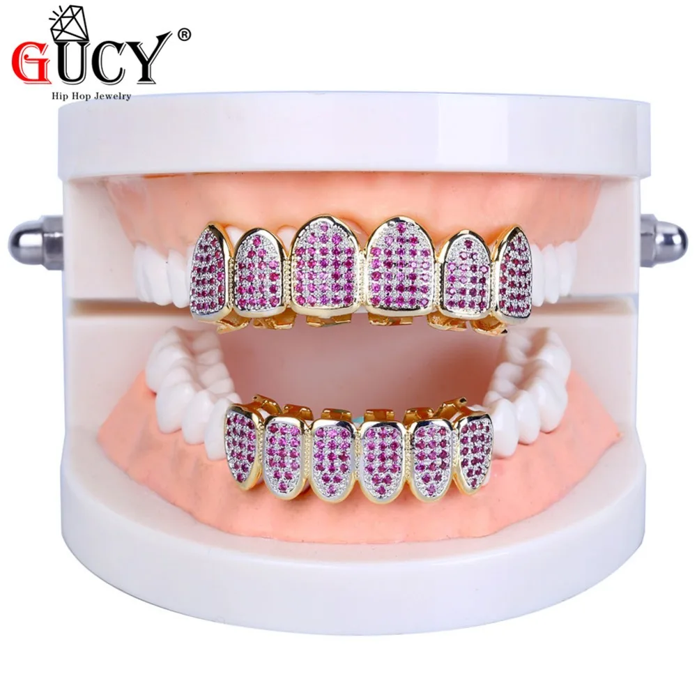 GUCY Gold Hip Hop Teeth Grillz Micro Pave Fuchsia CZ Stone Iced Out Top&Bottom Grills Set Vampire Teeth Caps Mouth Jewelry Party