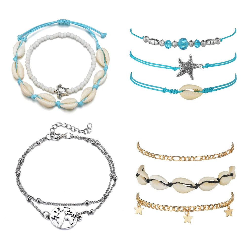 

New Anklets for Women Map Tortoise Starfish Shell Foot Jewelry Summer Beach Barefoot Bracelet Ankle on leg Bohemian Accessories