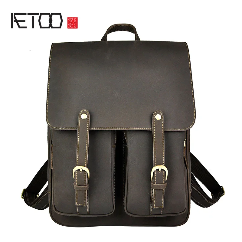 

BJYL First layer of leather ham leather leather retro men large capacity 14 inch double shoulder backpack computer bag