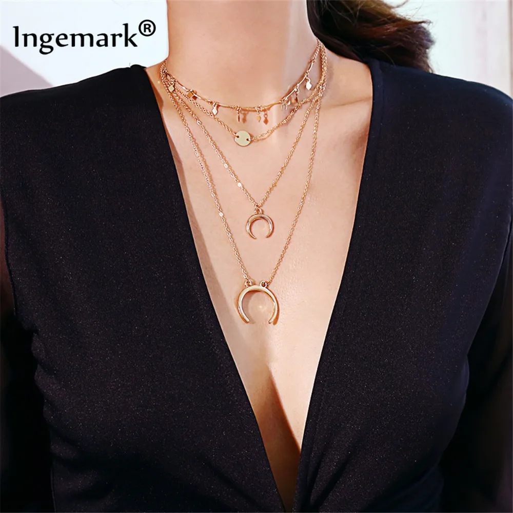 

Ingemark Bohemian Crescent Moon Pendant Choker Necklace for Women Multilayer Sequin Long Tassel Necklace Collier Fashion Jewelry