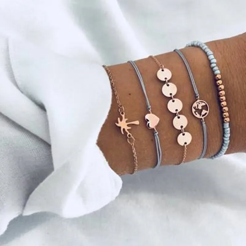 

5 Pcs/ Set Punk Vintage Hot beach Coconut Tree Map Heart Charm Bracelet Sets For Women Blue Rope Chain Bracelets Beads Jewelry