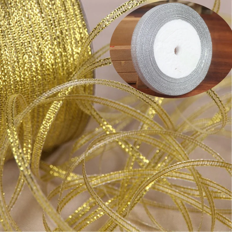 

25 Yards 6mm Silver/Gold Silk Satin Ribbon Party Home Wedding Decoration Gift Wrapping Christmas New Year DIY Tools