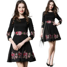 Dress Women 2017 Patchwork Tunic Pleated Dresses Embroidery Floral Work Clothes For Women Female Black Club Dress Vestidos Mujer