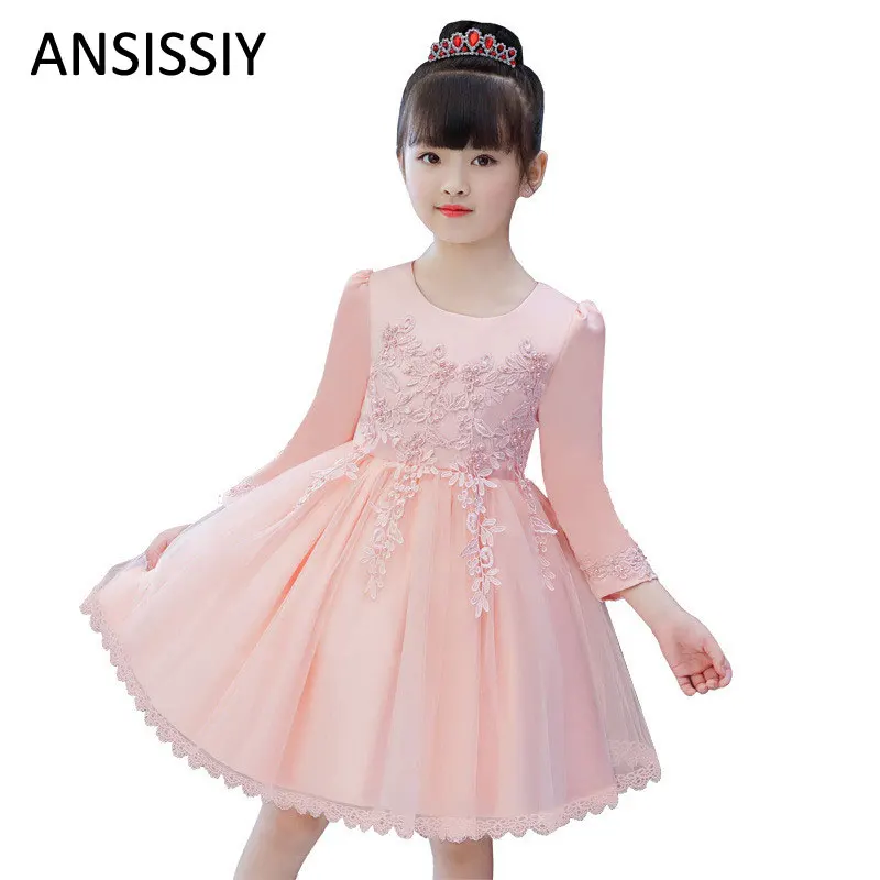 

Autumn Tulle Lace Kids Girls Dresses Pageant Pink Flower Ruched Girl Dresses for Weddings and Party First Communion Dresses