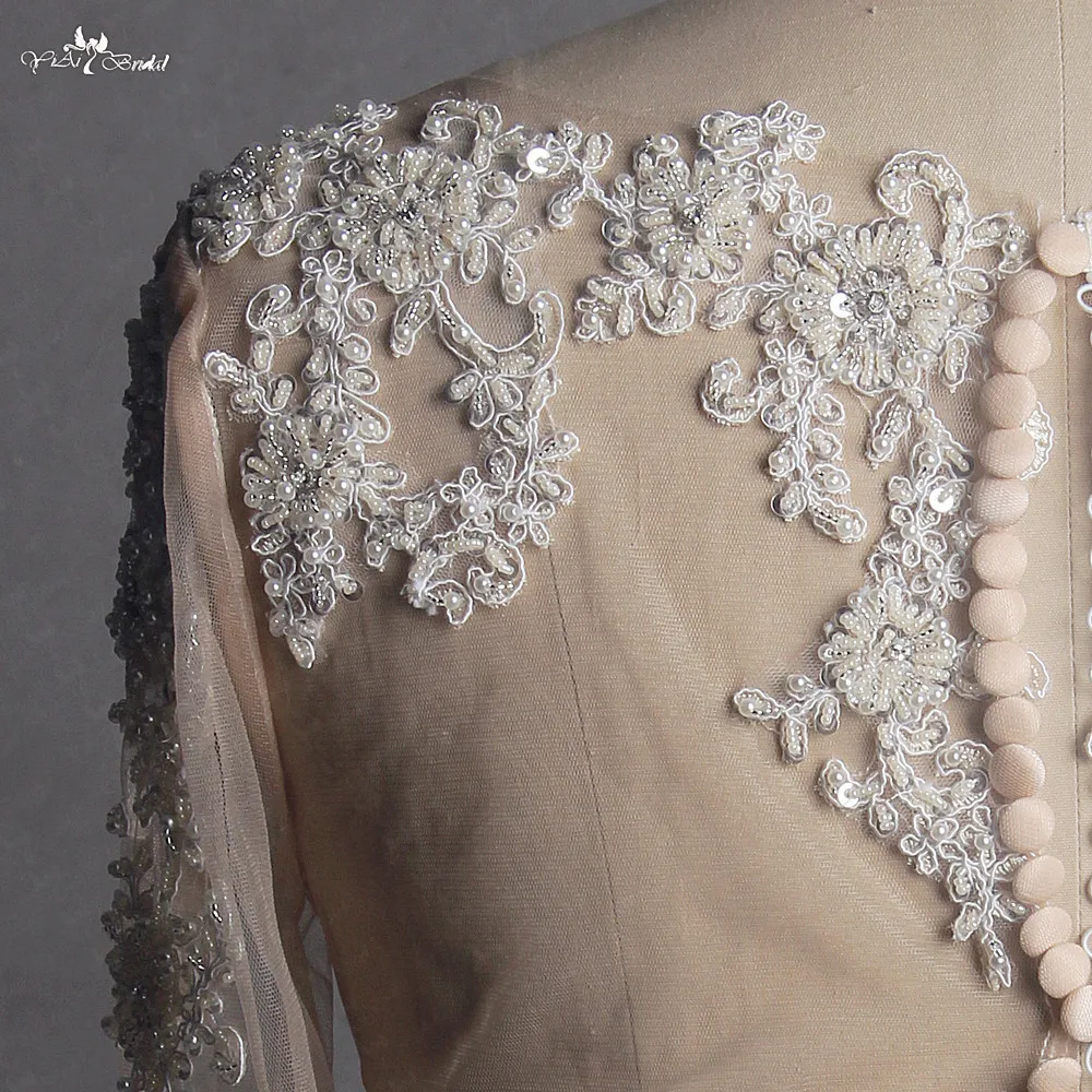 RSJ142 Boat Neckline 3/4 Long Sleeves Lace Beaded Wedding Bolero