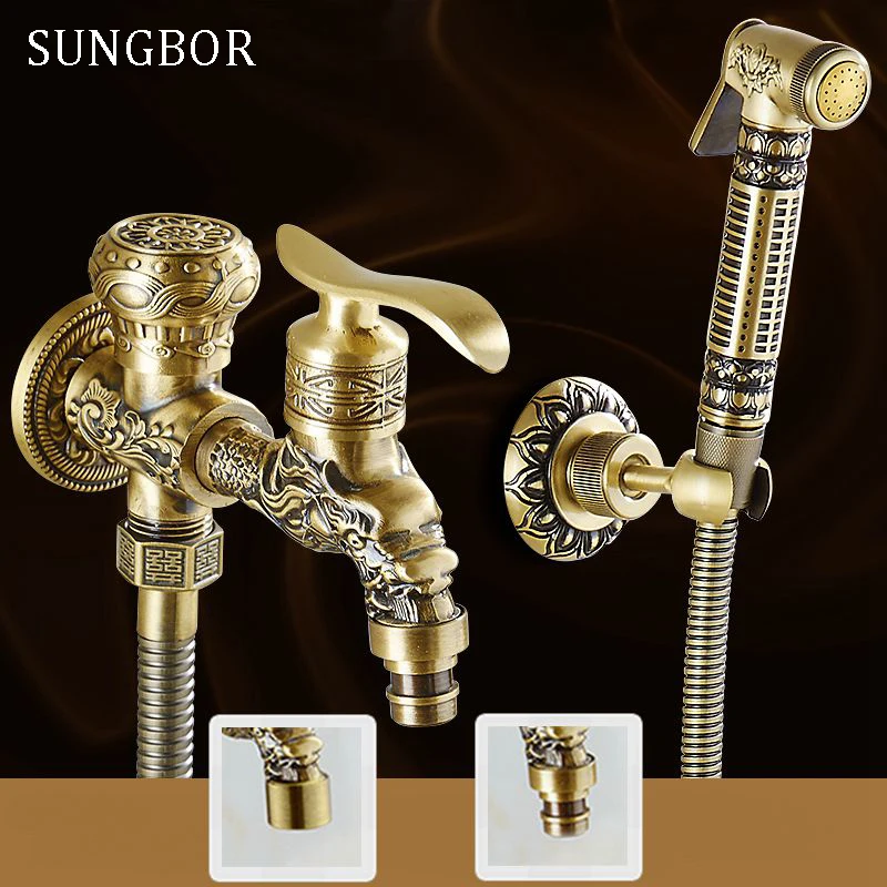 

Wall Mounted Antique Brass Bidet Faucets Bathroom Shower Toilet Washing Machine Faucet Cold Water With Hand Shower Bracket 818F