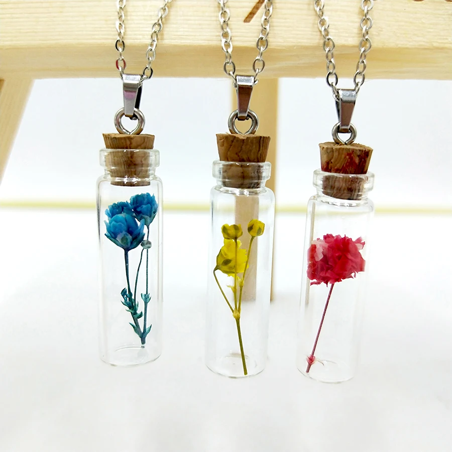 

Lovely Decoration Wishing Bottle Pendant Necklace Natural Plant Eternal Dried Flower Drift Bottle Women Girl Friend Jewelry Gift