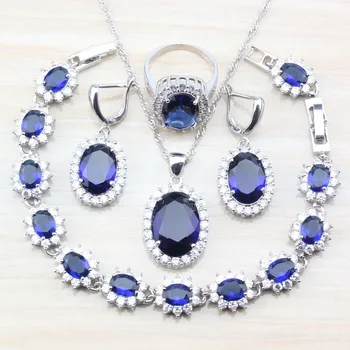

Blue Cubic Zirconia 4PCS Women Jewelry Sets Silver Color Earring Pendant Necklace Bracelet Ring Free Gift JS55