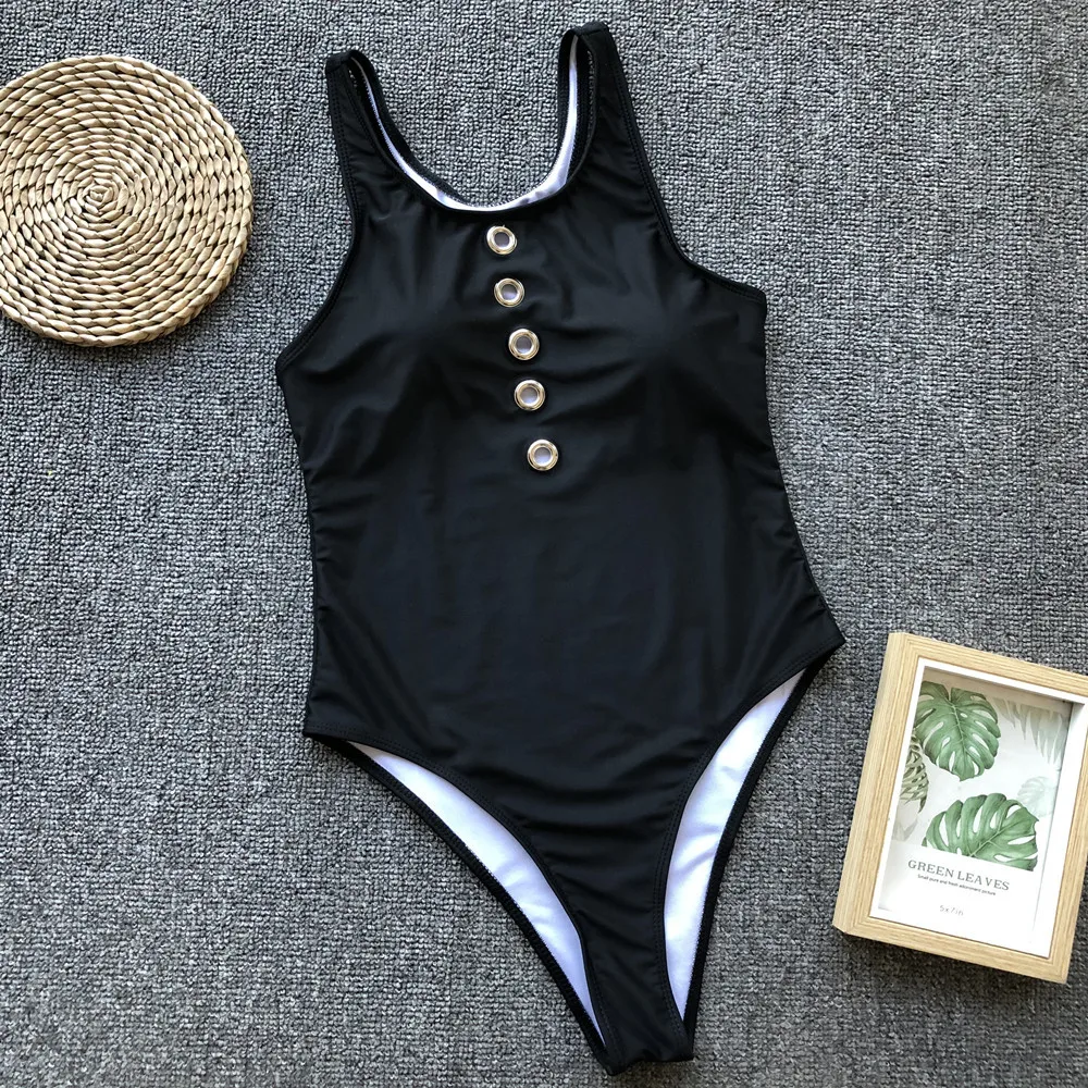 Черный слитный купальник с металлическим отверстием, сексуальный Монокини, пуш-ап, для пляжа, для женщин, для спортзала, купальники, для болотных упражнений, с накладкой на грудь