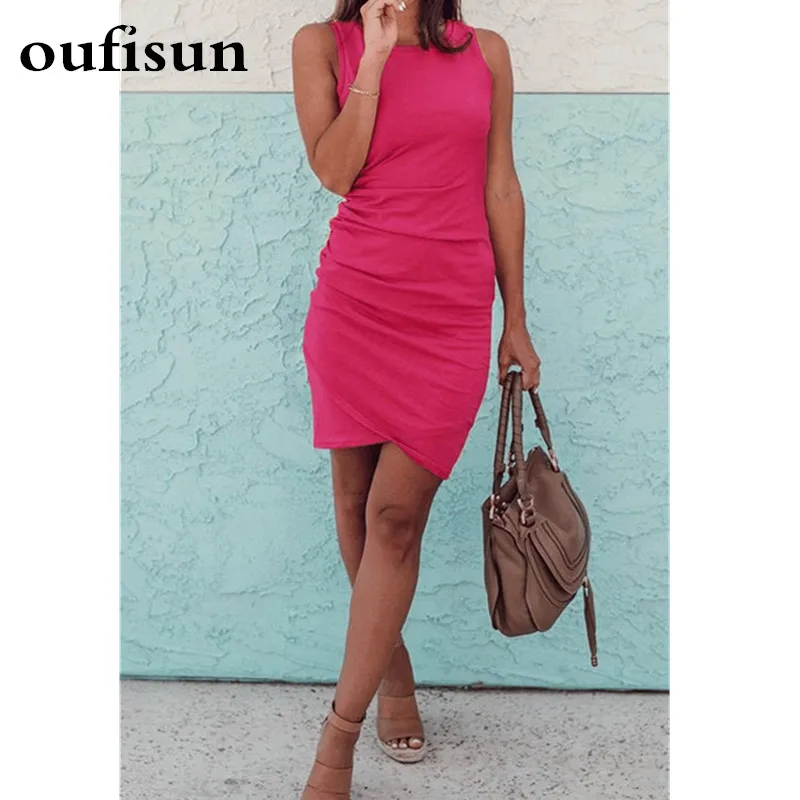 

Oufisun 2019 Summer Sexy O-Neck Sleeveless Women Dress New Casual Solid Lrregular Slim Dresses Fashion Tight-Fitting Mini Dress
