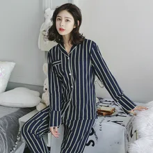 Весенняя Новая модная женская пижама с отложным воротником, комплект одежды для сна из 2 предметов, повседневный пижамный комплект в полоску