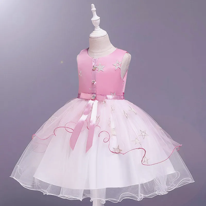 

3 to 12 Years Girls Dress Stars Embroidery New Black Green Purple Knee Dress with Bow White Mesh Children Princess Costume 1A6I