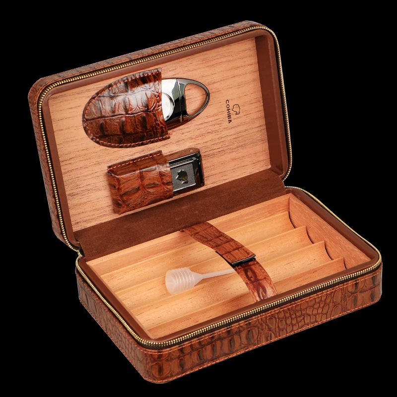 COHIBA Portable Travel Use Wooden Lining Leather Cigar Humidor Two Type For Choose W/ Cigar Cutter and Two Cigar Hoder