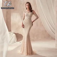 Высокая шея с длинными рукавами платье для выпускного Шампань полный кристаллы Bling вечернее платье с вырезом