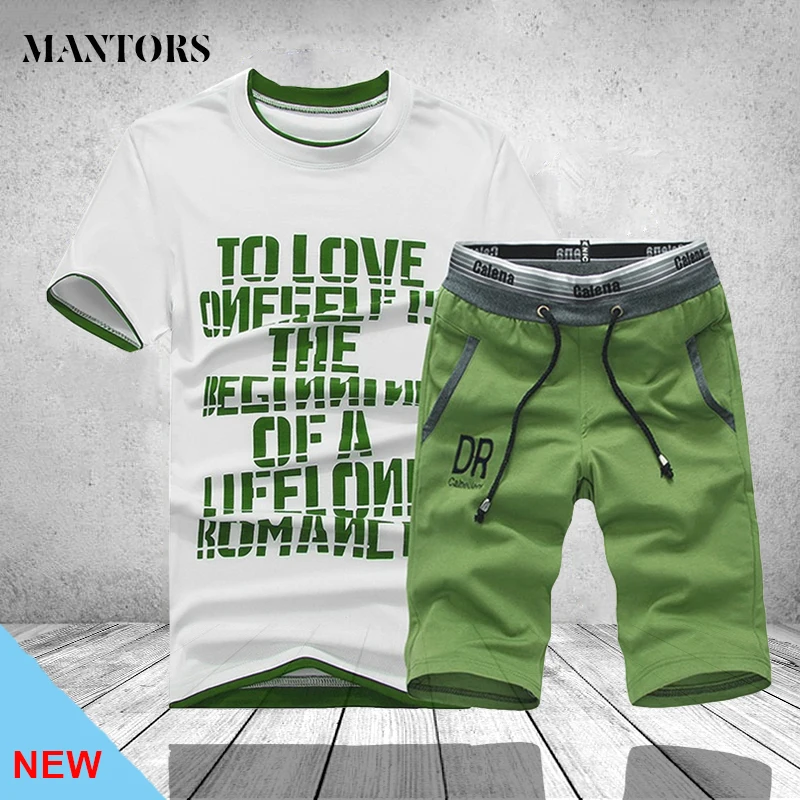 

Summer Style Tracksuit Suits Mens T-Shirt Sets 2019 Summer Casual Sporting Suit Men Letter Print Top Tee Shirt +Board Tee Set
