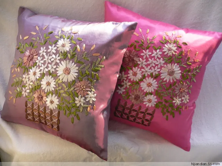 Square Handmade Ribbon Embroidery Cushion Cover 45x45 Sofa Chair Office