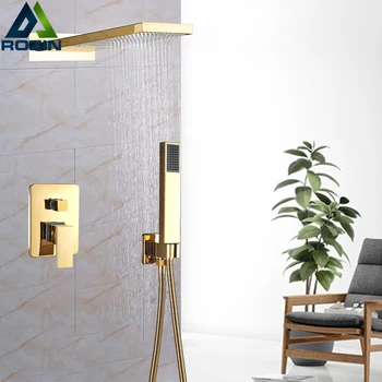 

Rain Waterfall Shower Faucet Wall Mounted Brass 3-ways Shower Control Valve Golden Shower Mixer Tap Plastic Handshower