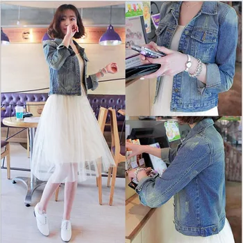 

Women streetwear hole short denim jacket plus size