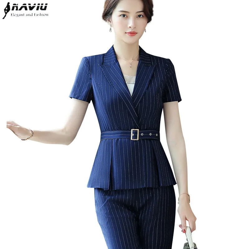 

2019 New fashion stripes pants suits summer business short sleeve blazer and pants formal Interview office ladies work wear
