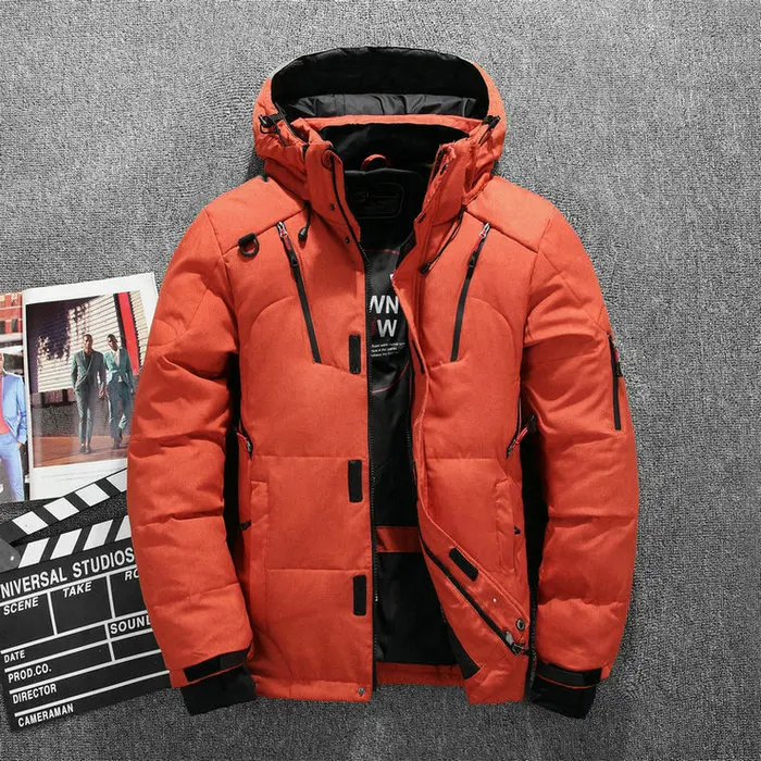 Высококачественные зимние теплые утепленные куртки на молнии мужские парки с капюшоном повседневные мужские тонкие куртки с несколькими карманами M-4XL - Цвет: Оранжевый
