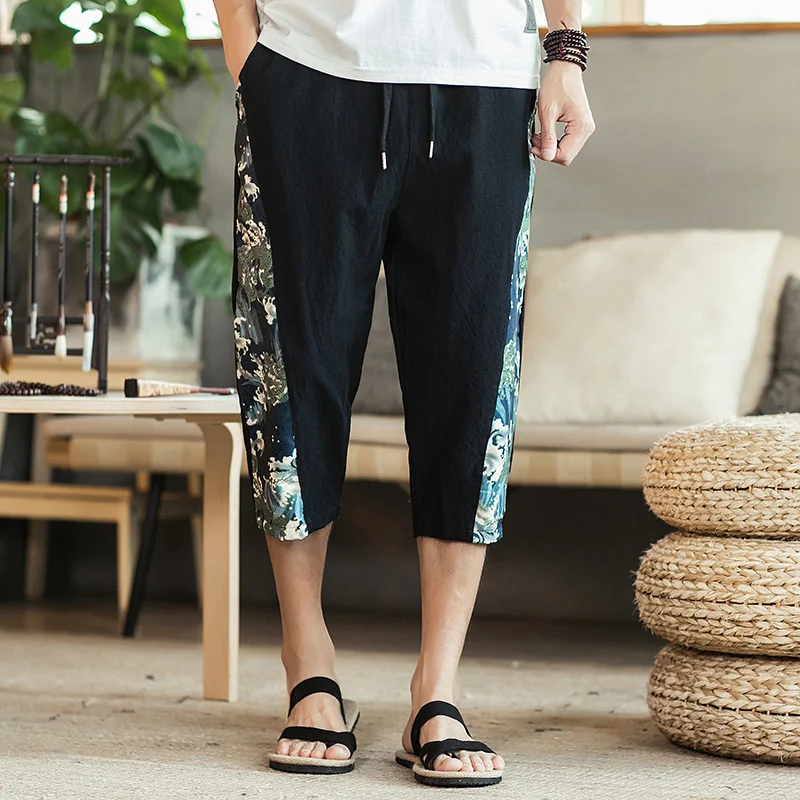 

Casual Calf-Length Pants Waves Printing Patchwork Men's Pants Elastic Waist Large Size Calf-Length Pants