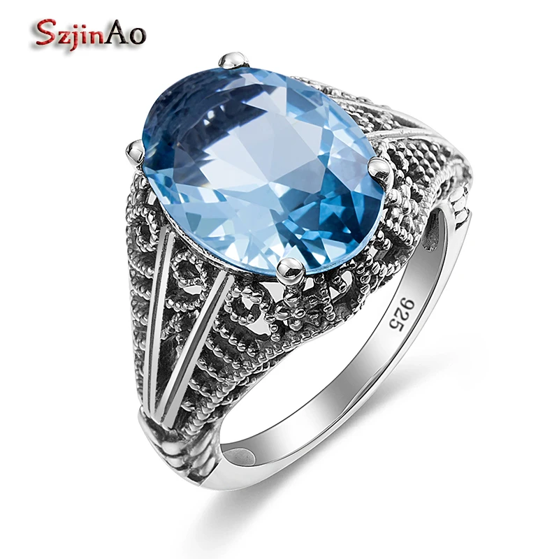 

Szjinao Boho Bohemian Gemstone Ring Aquamarine Wedding 925 Sterling Silver Rings for Vintage Bulgaria Jewelry Women Accessories