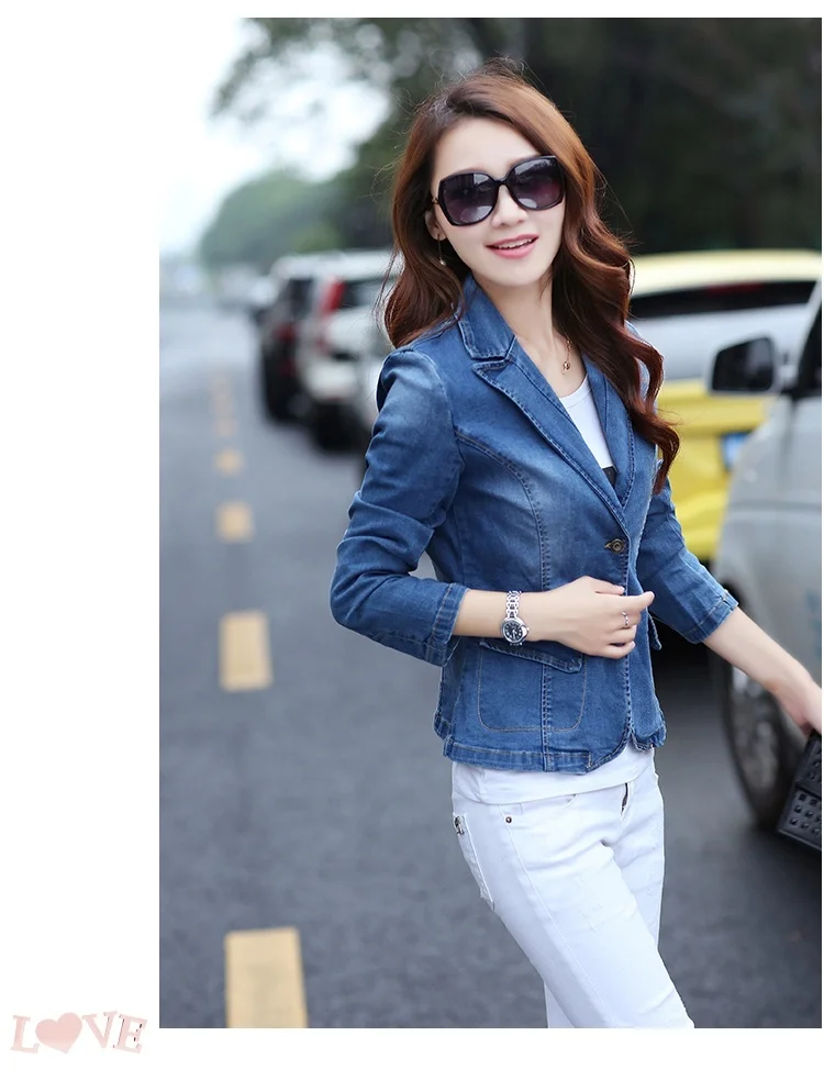 Fashion Spring Autumn Denim Jacket Women Slim Suit One Button Short section Coat cowboy jacket women Blazers