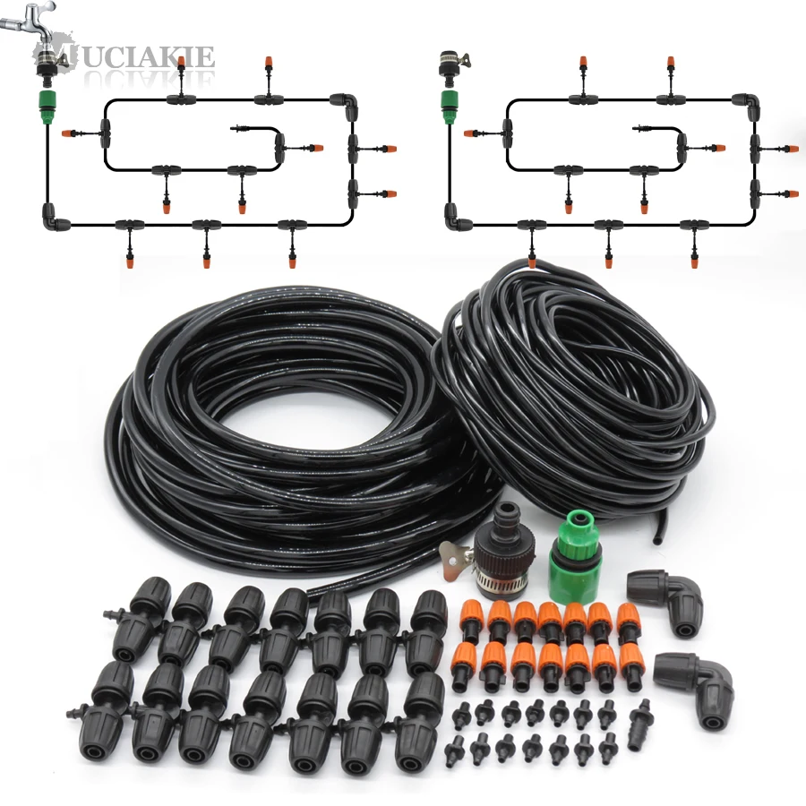 

1 SET 15M 3/8'' Main Line DIY Micro Drip Misting Irrigation System Kit with 10m 1/4'' Hose Tee Elbow Connecter Mist Nozzle Spray