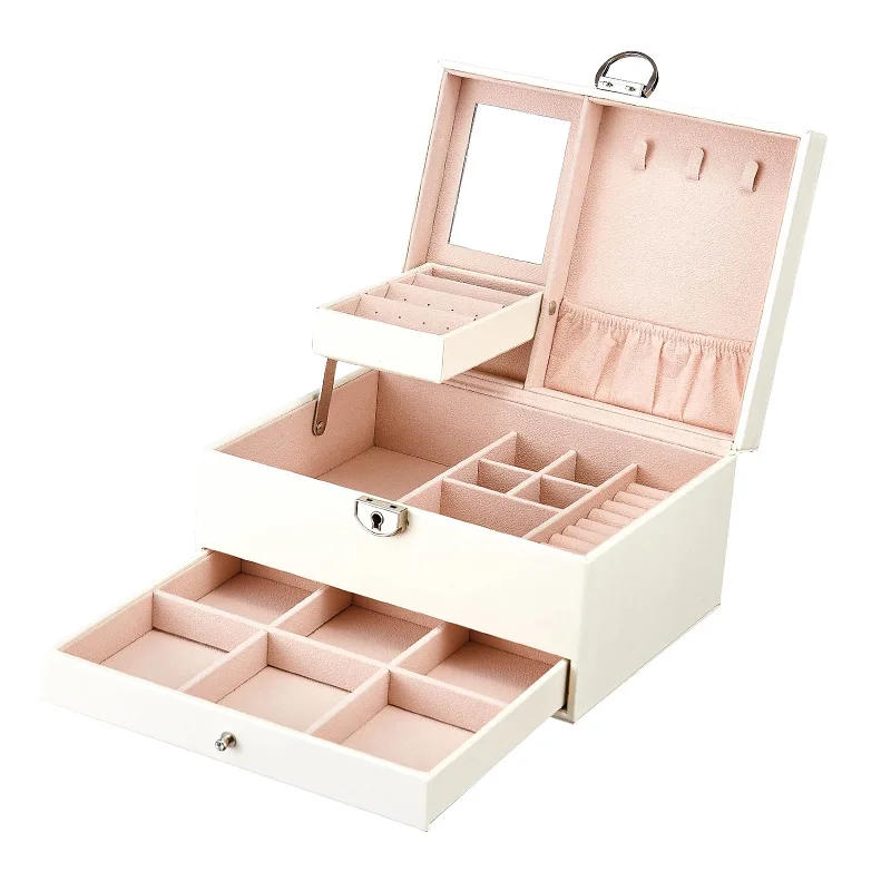 Juelee многофункциональная коробка для хранения, кожаный Органайзер для ювелирных изделий, многослойный ювелирный дисплей, Joyeros Organizador De Joyas - Цвет: white