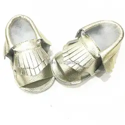 Золото Цвет новорожденных Мокасины младенцев Обувь мягкая подошва Пояса из натуральной кожи для мальчиков и девочек Обувь нескользящая