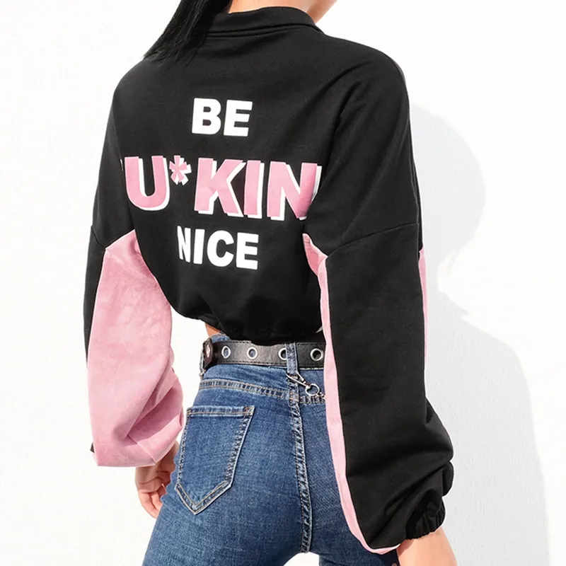 

Punk Letter Print Patchwork Jacket Women Adjustable Waist Long Sleeve Cropped Jackets Spring Autumn Jacket Loose Short Coat