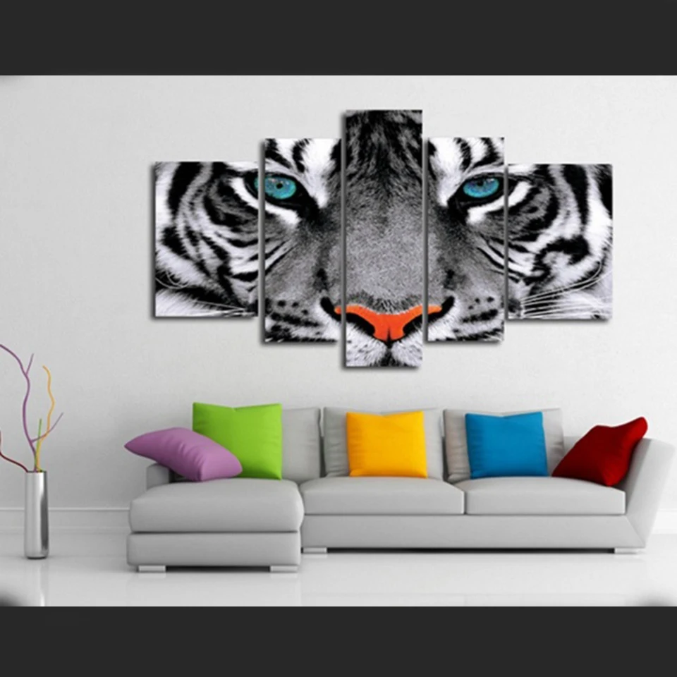 Modern Wall Art Poster Modular Canvas Paintings 5 Pieces Animal White Tiger Eyes Pictures Frame Decor Living Room Home HD Prints
