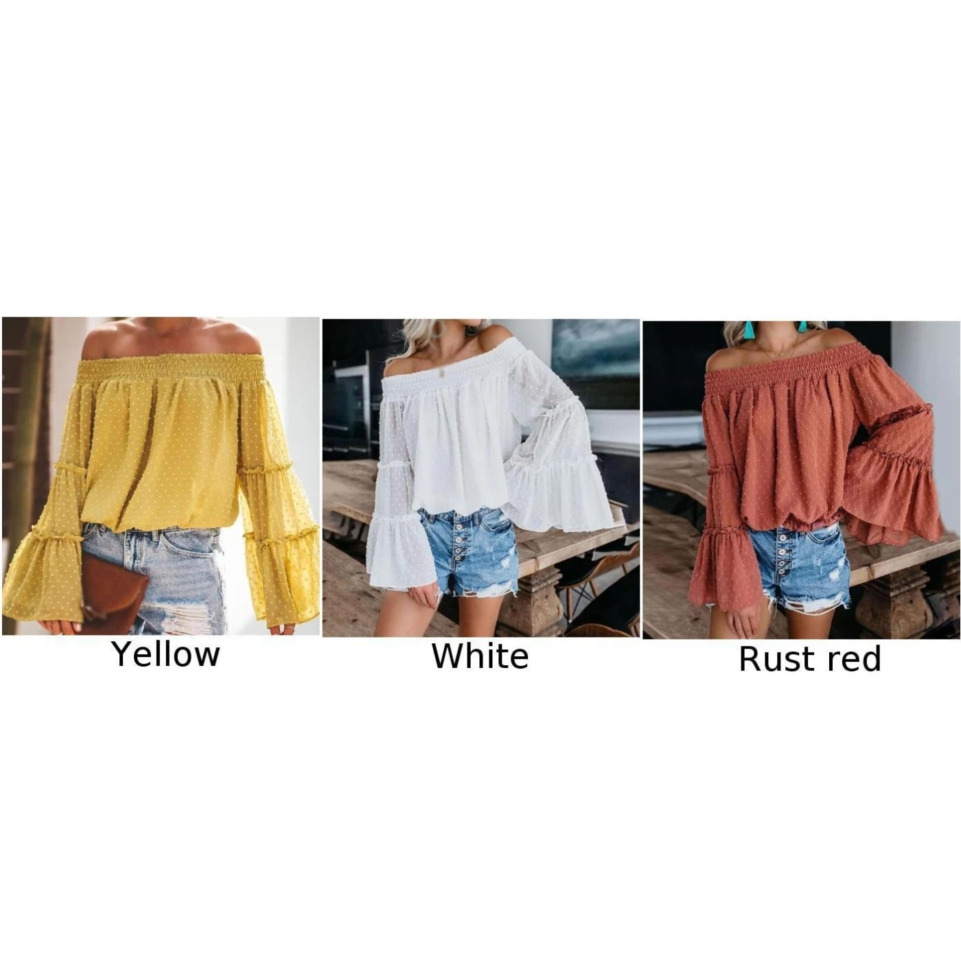 Women Tops Sexy Girl's Elegant Boat Neck Trumpet Sleeve Loose Long-sleeved Chiffon Solid Color Casual Holiday Party Tops